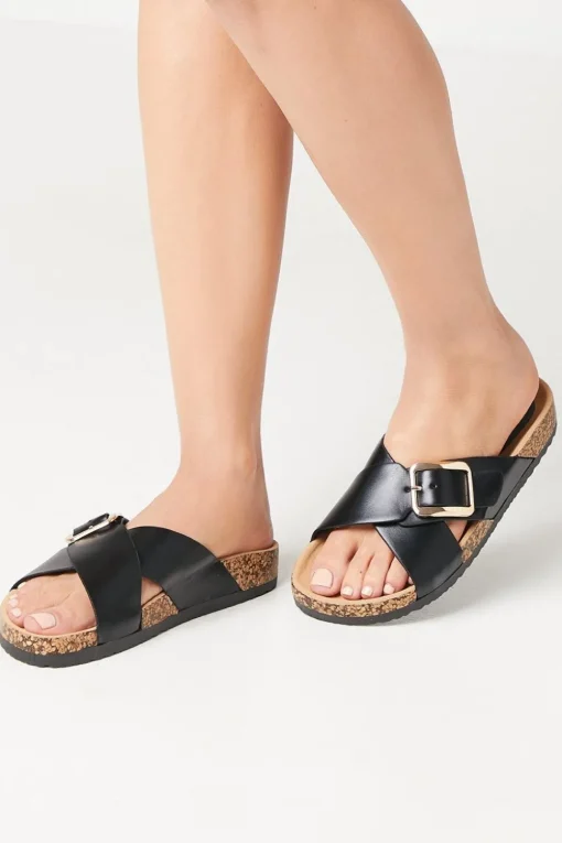 Frankie Cross Strap Buckle Detail Footbed Sandals