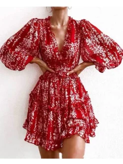 Frill & Back Detail Tiered Mini Dress In Red Floral Print