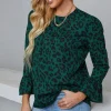 Frill Detail Cuff Top In Green Leopard