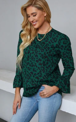 Frill Detail Cuff Top In Green Leopard