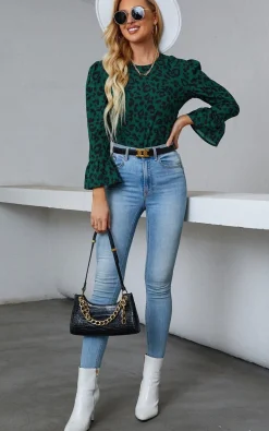 Frill Detail Cuff Top In Green Leopard