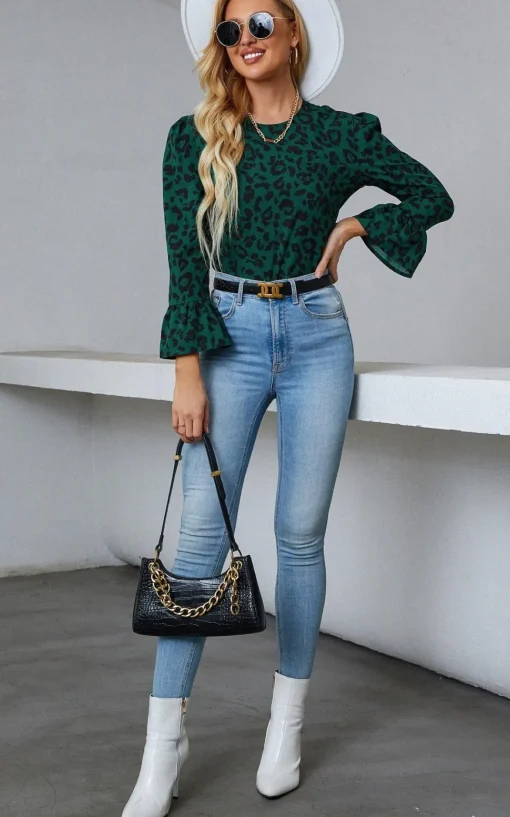 Frill Detail Cuff Top In Green Leopard