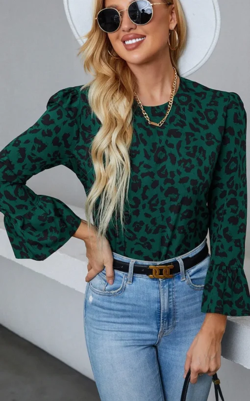 Frill Detail Cuff Top In Green Leopard