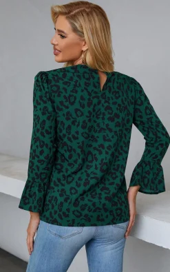 Frill Detail Cuff Top In Green Leopard