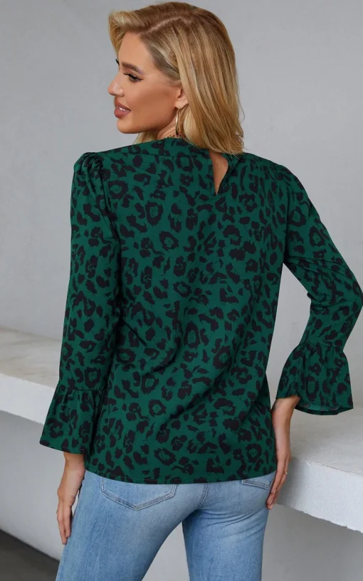 Frill Detail Cuff Top In Green Leopard