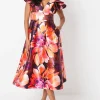 Frill Shoulder Plunge Twill Midi Wedding Guest Dress