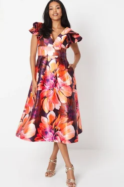 Frill Shoulder Plunge Twill Midi Wedding Guest Dress