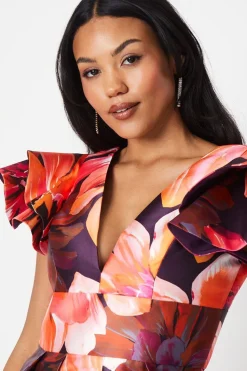 Frill Shoulder Plunge Twill Midi Wedding Guest Dress