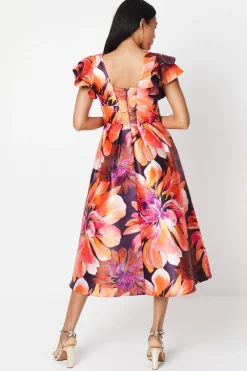 Frill Shoulder Plunge Twill Midi Wedding Guest Dress