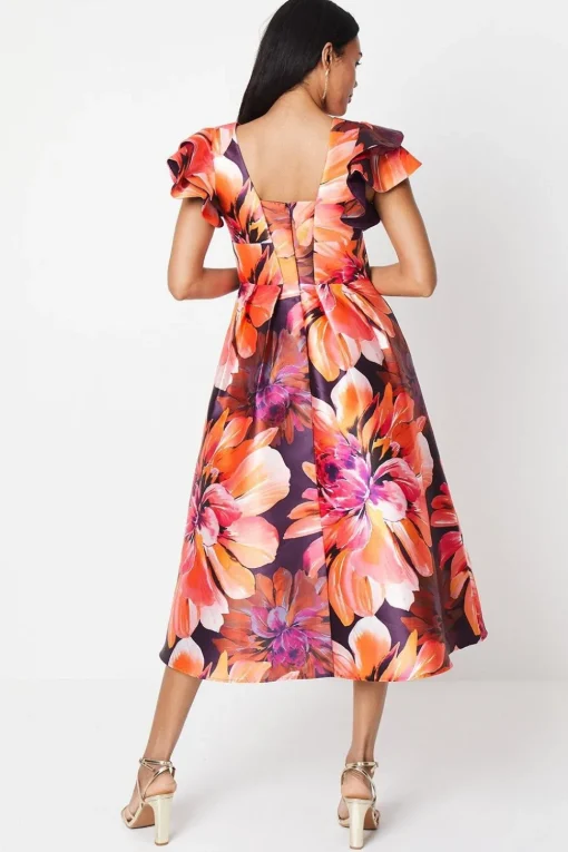 Frill Shoulder Plunge Twill Midi Wedding Guest Dress
