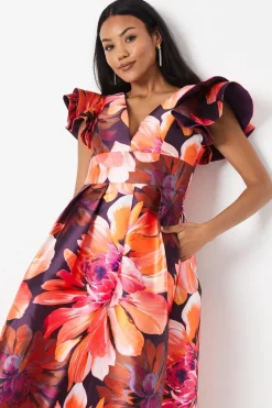 Frill Shoulder Plunge Twill Midi Wedding Guest Dress