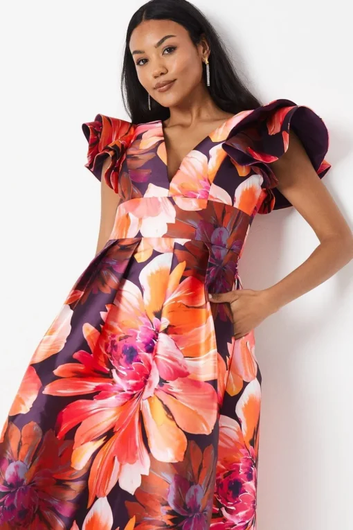 Frill Shoulder Plunge Twill Midi Wedding Guest Dress