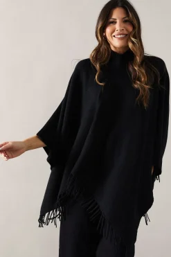 Fringe Hem High Neck Poncho