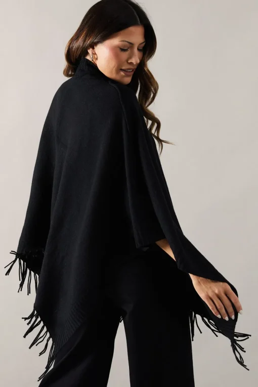 Fringe Hem High Neck Poncho