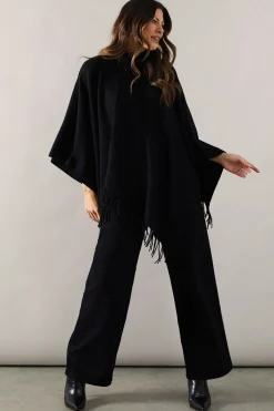 Fringe Hem High Neck Poncho