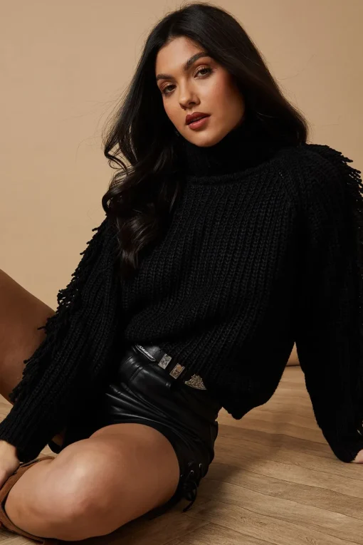 Fringe Sleeve Roll Neck Cropped Jumper
