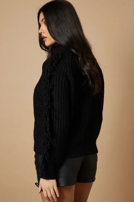 Fringe Sleeve Roll Neck Cropped Jumper