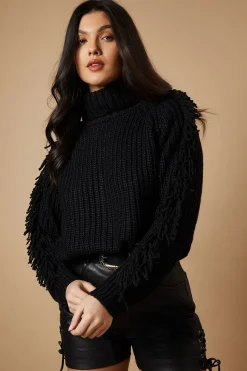 Fringe Sleeve Roll Neck Cropped Jumper