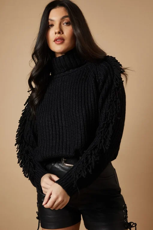 Fringe Sleeve Roll Neck Cropped Jumper