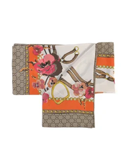 GG Supreme Silk Scarf with Floral Print and Chain Belt Motif