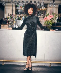 Glitter Sparkle High Neck Midi Dress