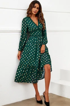 Gold Foil Lace Trim Long Sleeve Midi Dress