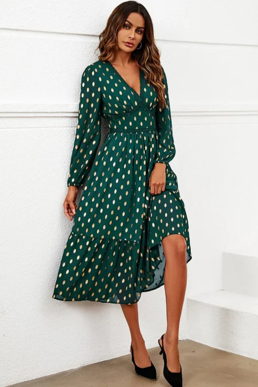 Gold Foil Lace Trim Long Sleeve Midi Dress