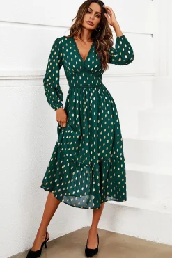 Gold Foil Lace Trim Long Sleeve Midi Dress