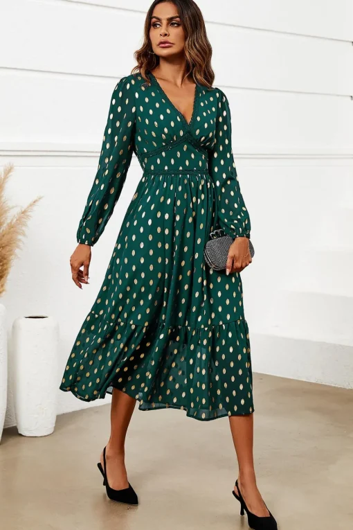 Gold Foil Lace Trim Long Sleeve Midi Dress