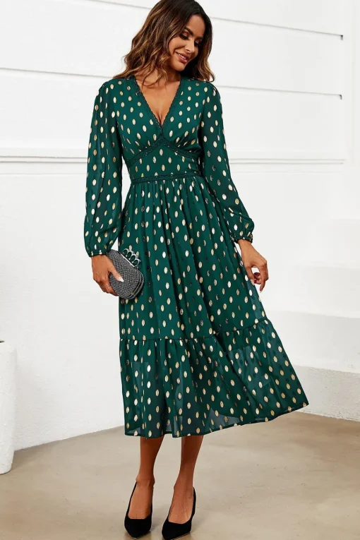 Gold Foil Lace Trim Long Sleeve Midi Dress