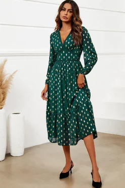 Gold Foil Lace Trim Long Sleeve Midi Dress