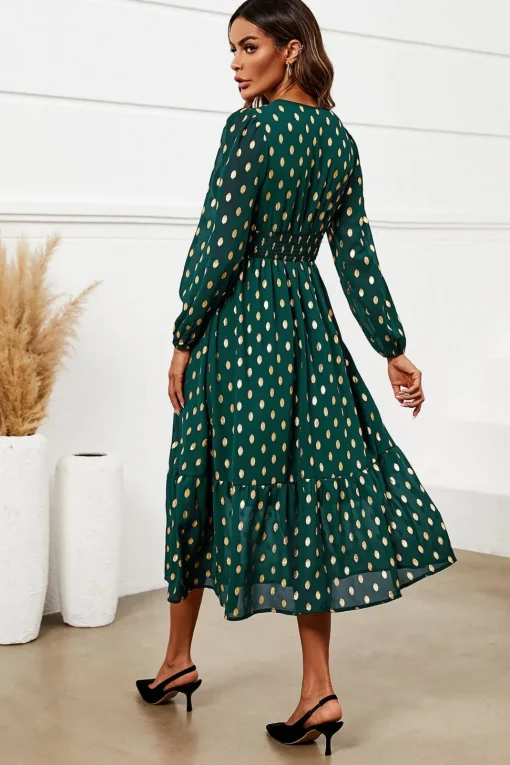 Gold Foil Lace Trim Long Sleeve Midi Dress