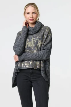 Graphic Print Metallic Roll Neck Jumper