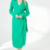 Green Belt Detail Collared Wrap Dress