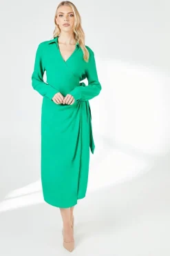 Green Belt Detail Collared Wrap Dress