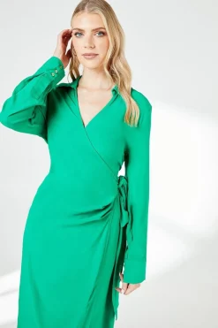 Green Belt Detail Collared Wrap Dress