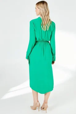 Green Belt Detail Collared Wrap Dress