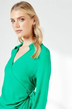 Green Belt Detail Collared Wrap Dress