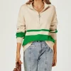 Green Stripe Block Colour 3/4 Zip Cable Knit Jumper In Cream