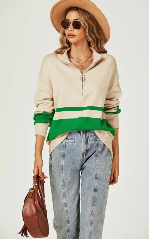 Green Stripe Block Colour 3/4 Zip Cable Knit Jumper In Cream