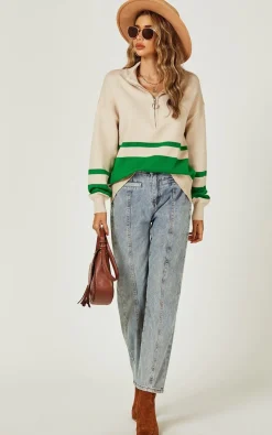 Green Stripe Block Colour 3/4 Zip Cable Knit Jumper In Cream