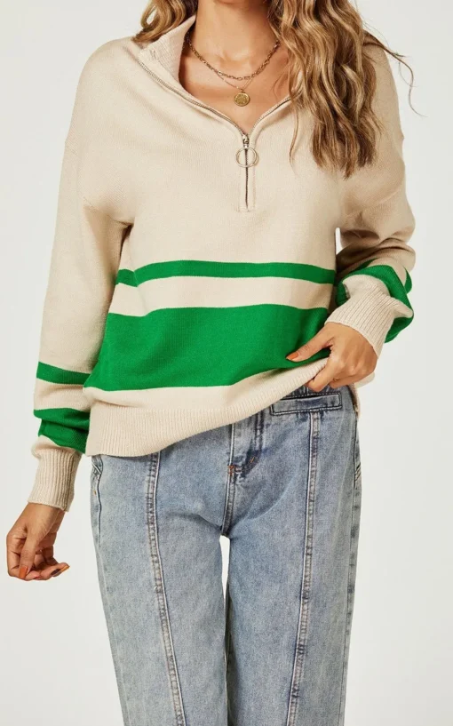 Green Stripe Block Colour 3/4 Zip Cable Knit Jumper In Cream