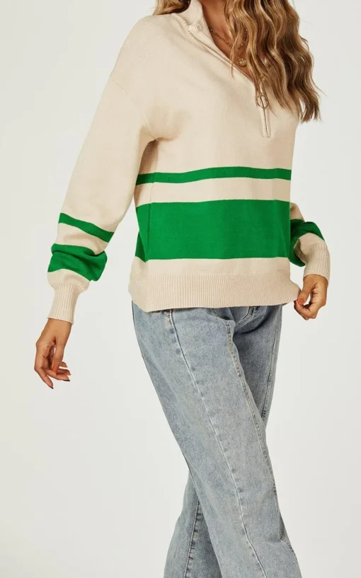 Green Stripe Block Colour 3/4 Zip Cable Knit Jumper In Cream