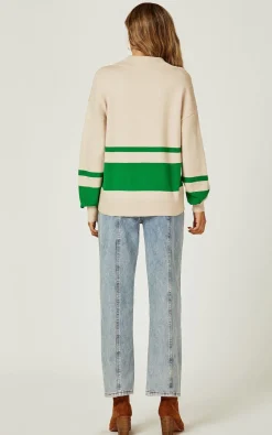 Green Stripe Block Colour 3/4 Zip Cable Knit Jumper In Cream