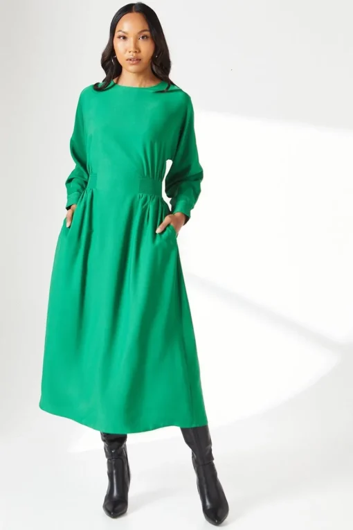 Green Waist Detail Crepe Midi Dress