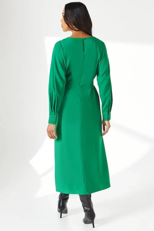 Green Waist Detail Crepe Midi Dress