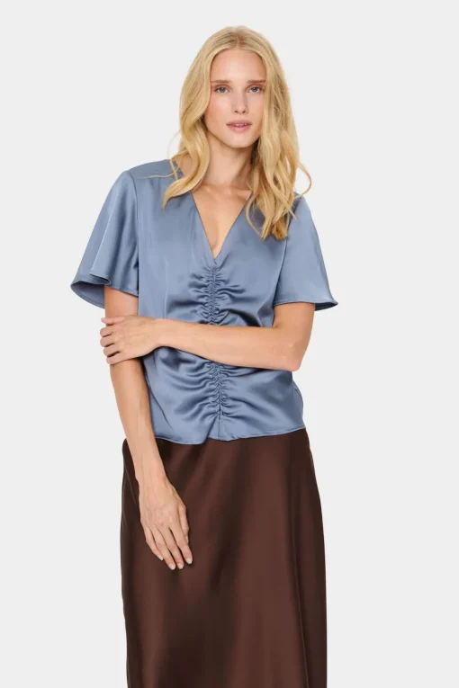 HafiaSZ Blouse V-neck Short Sleeve Satin-