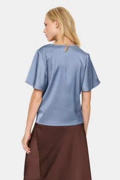 HafiaSZ Blouse V-neck Short Sleeve Satin-