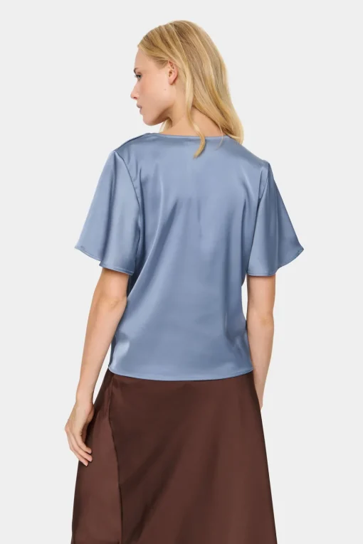 HafiaSZ Blouse V-neck Short Sleeve Satin-