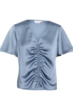 HafiaSZ Blouse V-neck Short Sleeve Satin-
